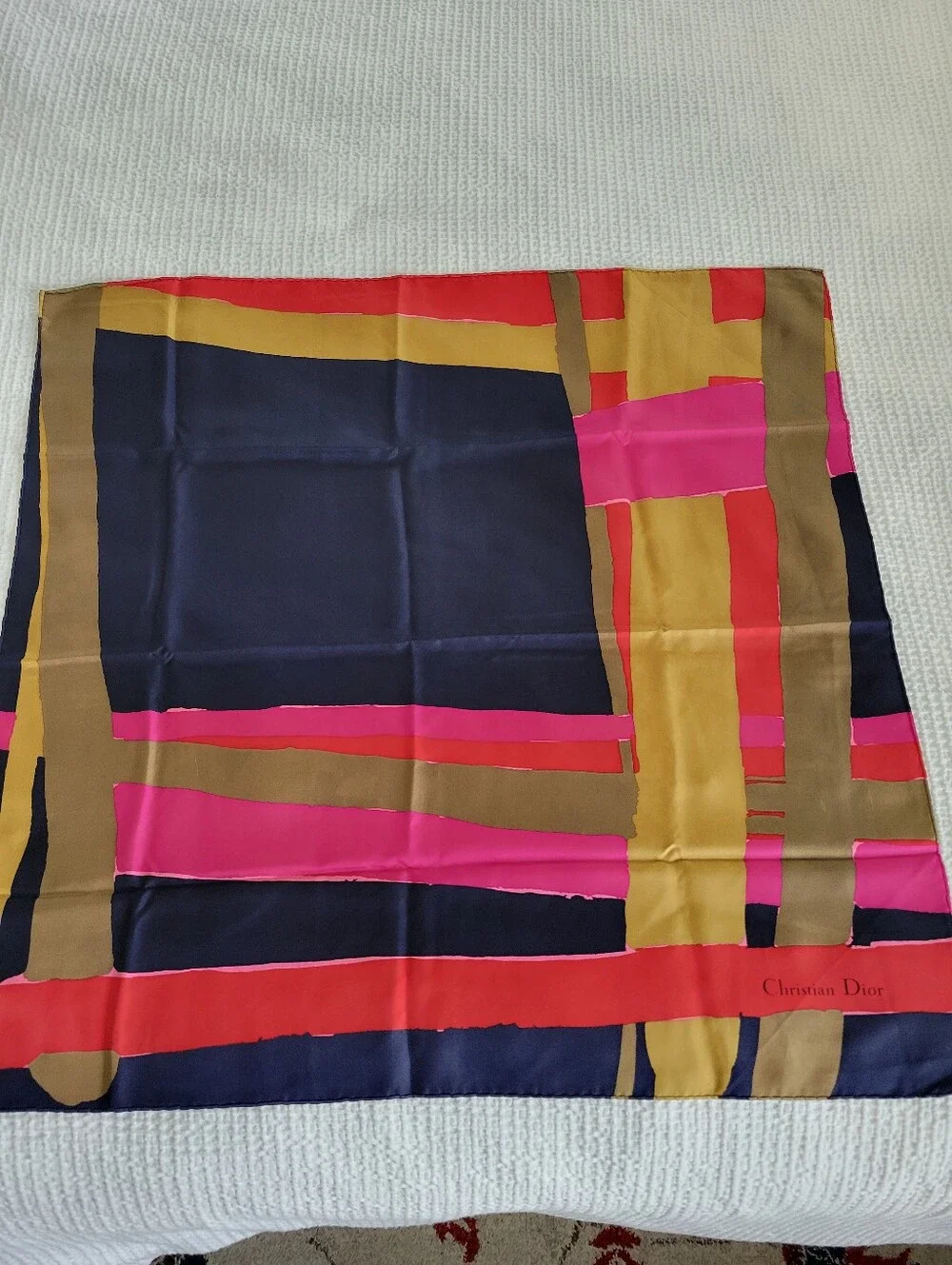 Vintage Dior Navy, Hot Pink, Red & Gold Geometric Silk Scarf 30